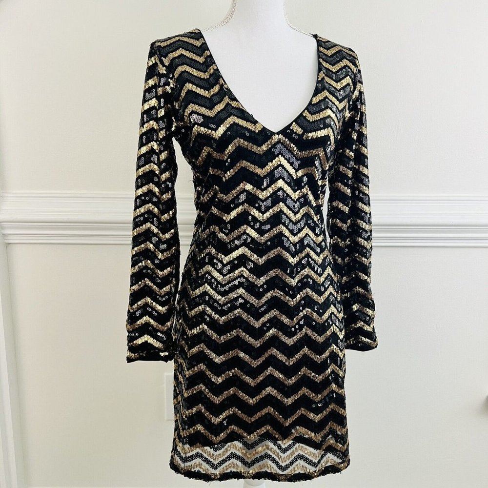 DIVIDED by H&M Womens Sz 10 Sequined Gold & Black Chevron Dress ~ Sparkly